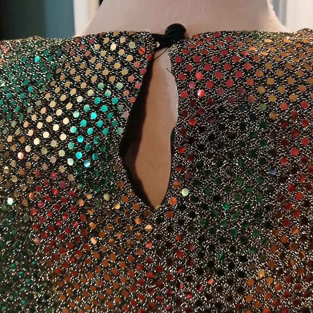 Vtg Another Thyme Medium Metallic Sequin Blouse Gold Multicolor Side Tie - READ - Picture 7 of 11